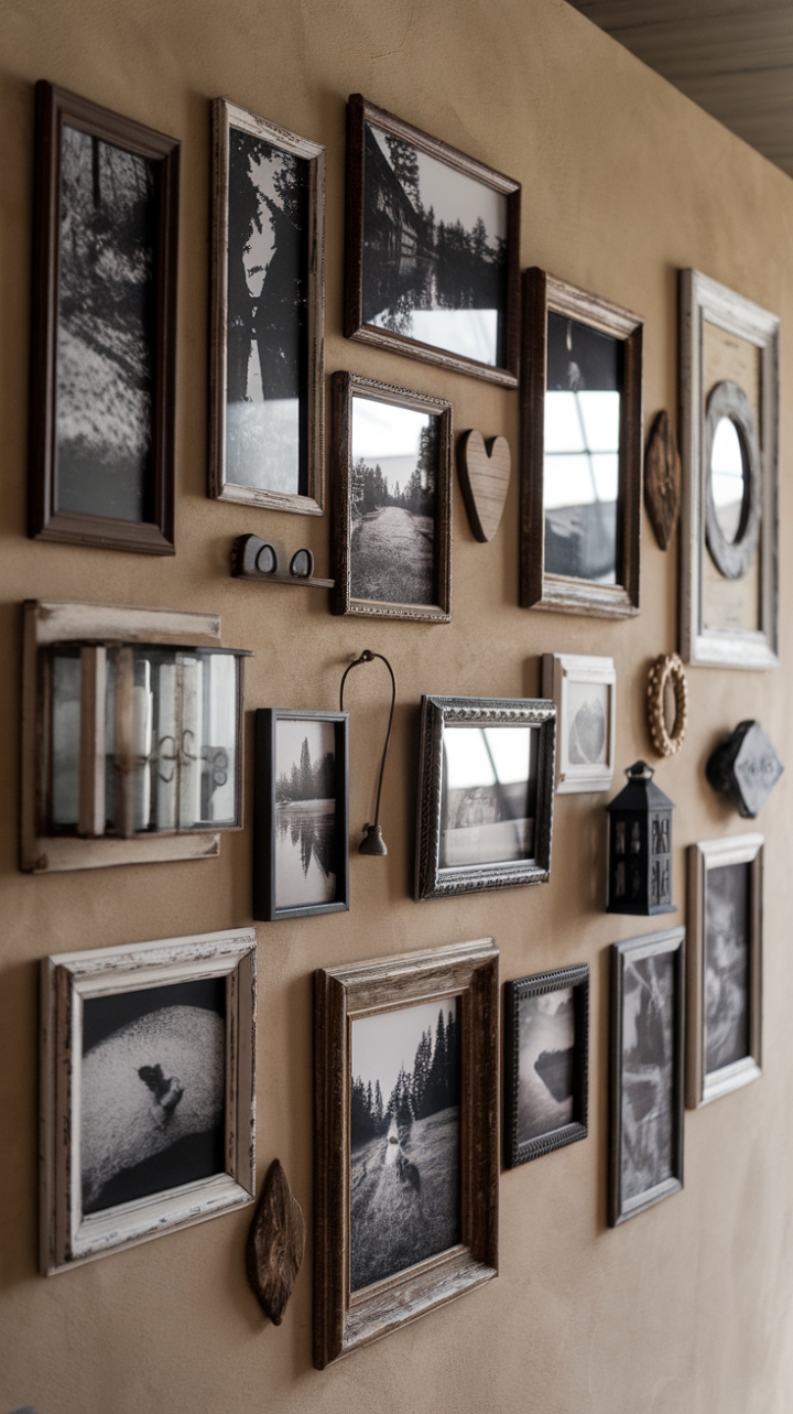 Rustic Elegance: Vintage Frames and Nature Scenes Enhance Modern Farmhouse Wall