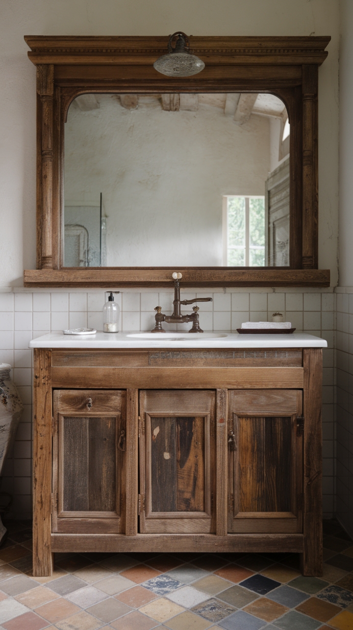 Rustic Elegance: Distressed Finish Vanity with Classic Faucet and Mirror