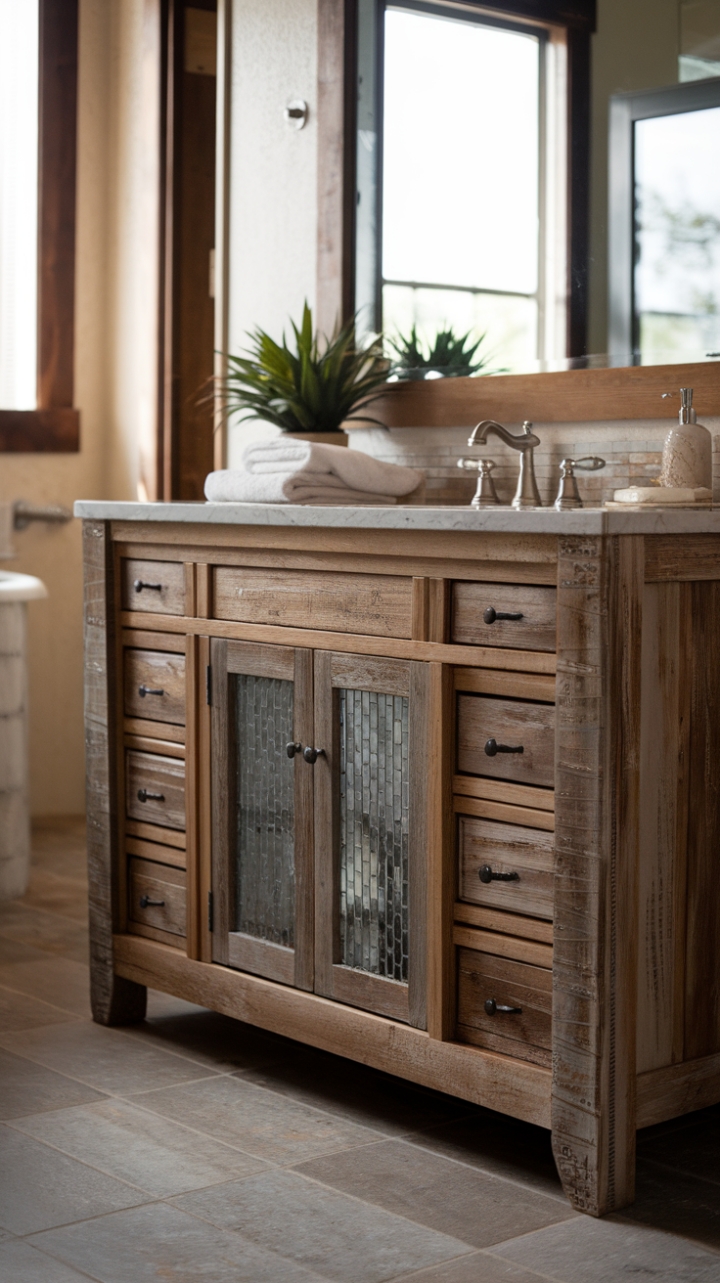 Rustic Vintage-Inspired Vanity Complements Tranquil Space