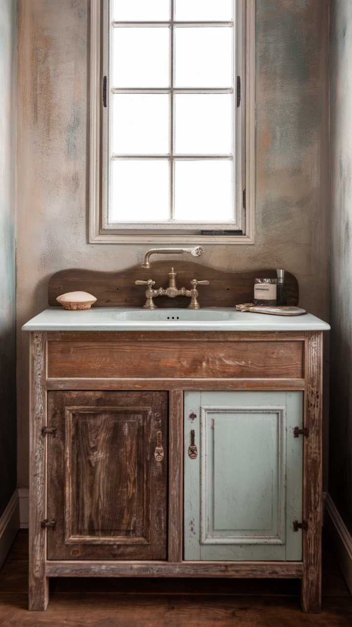 Vintage-Style Vanity and Gridded Window Enhance Rustic Elegance