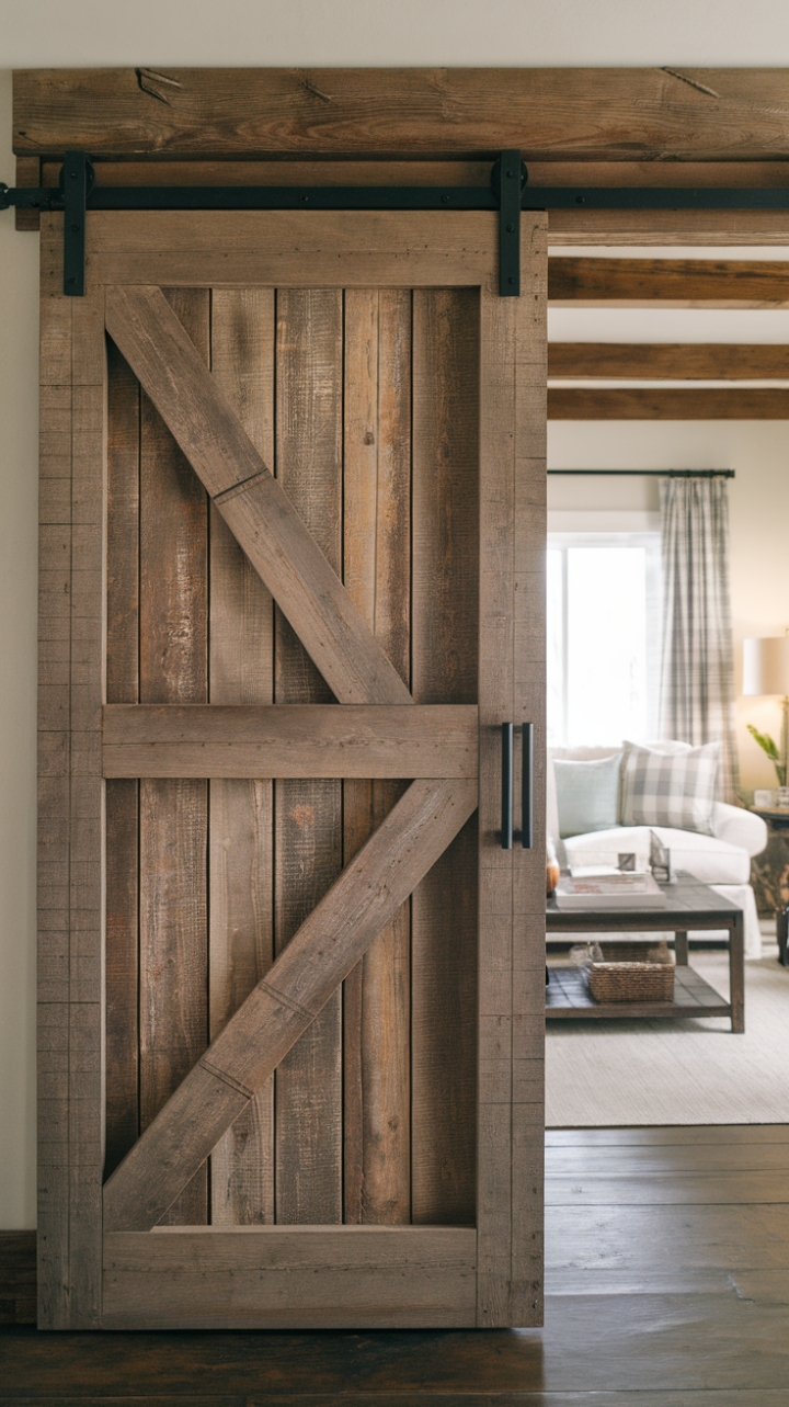Rustic Elegance: A Distressed Barn Door Enhances the Country Living Room