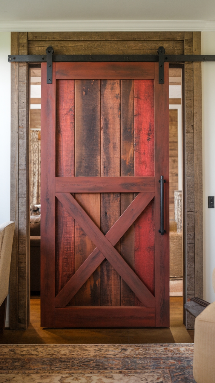 Space-Saving Sliding Barn Door in Rich Red Finish