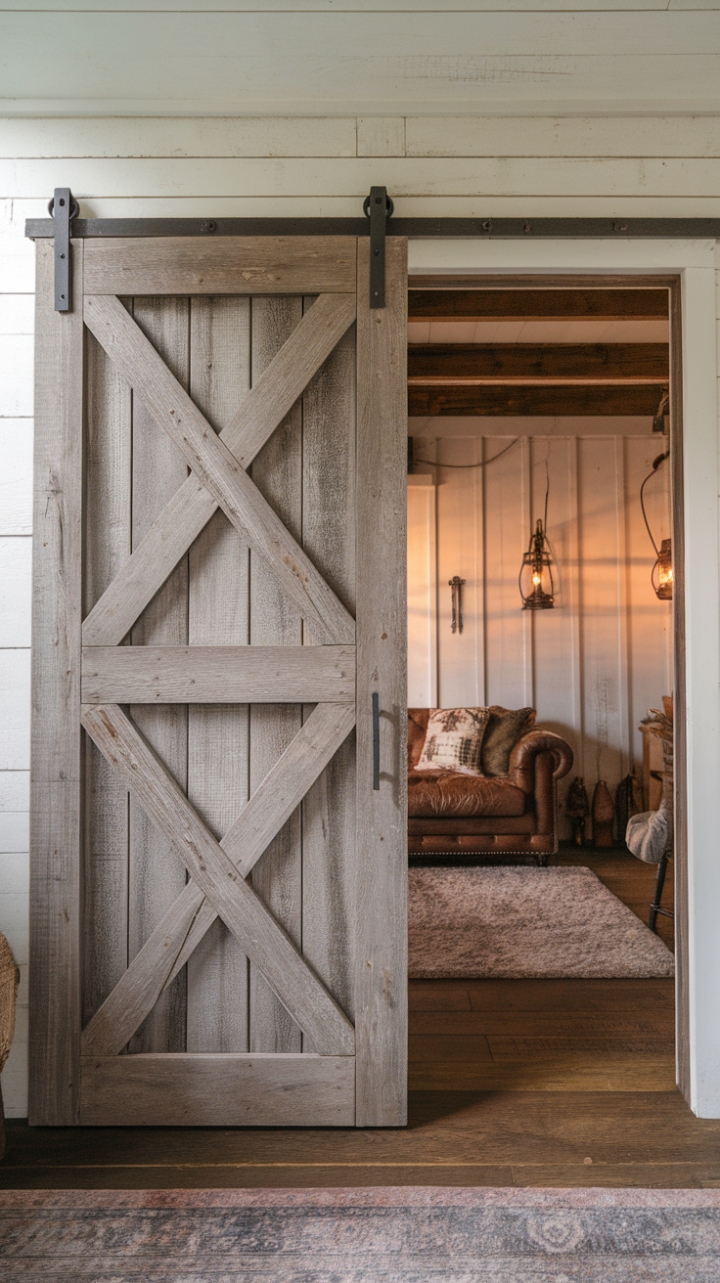 Rustic Charm: Weathered Grey Sliding Barn Door