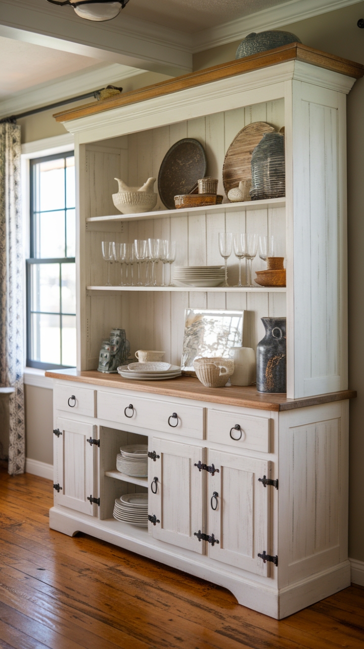 Charming Farmhouse Hutch Enhances Dining with Rustic Charm
