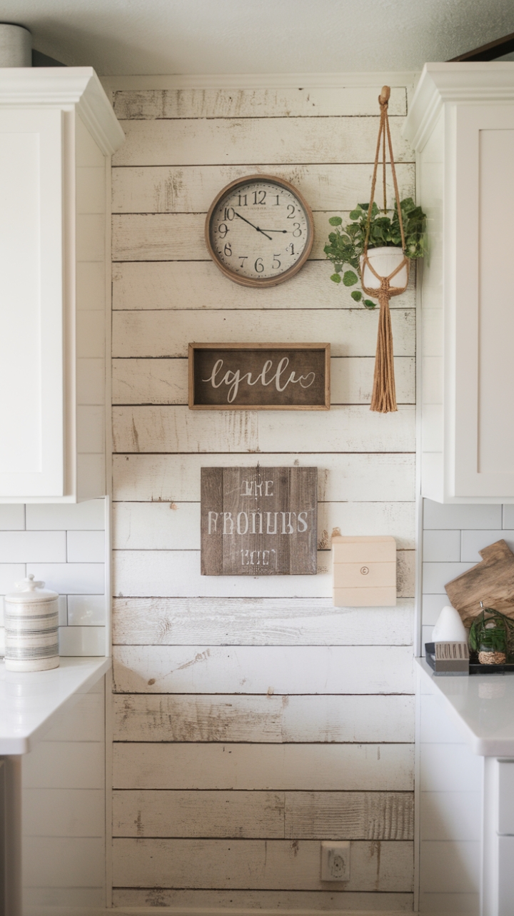 Rustic Charm: Reclaimed Barn Wood Accent Wall in Bright Farmhouse Kitchen