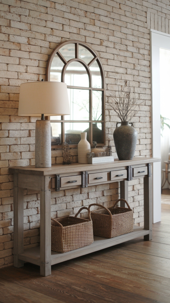 Rustic Foyer Charm: A Warm Welcome with Weathered Wood and Brick Details