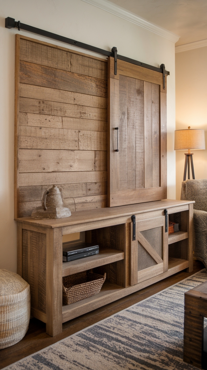 Rustic Farmhouse TV Stand with Barn Door Detail