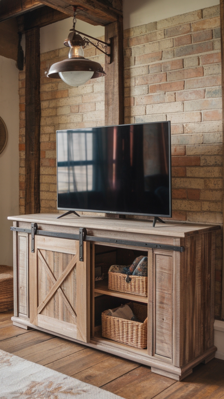Rustic Charm: Barn Door TV Stand with Vintage Touches