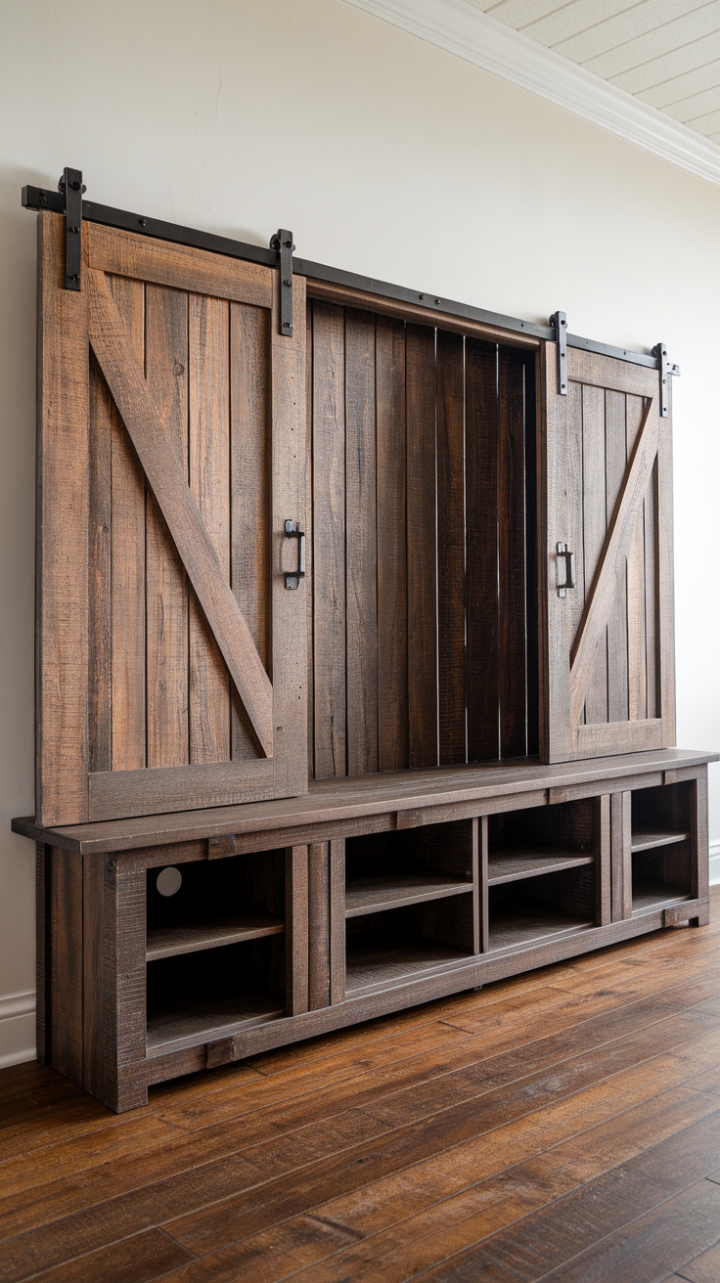 Rustic Charm: Barn Door Style TV Stand with Ample Storage