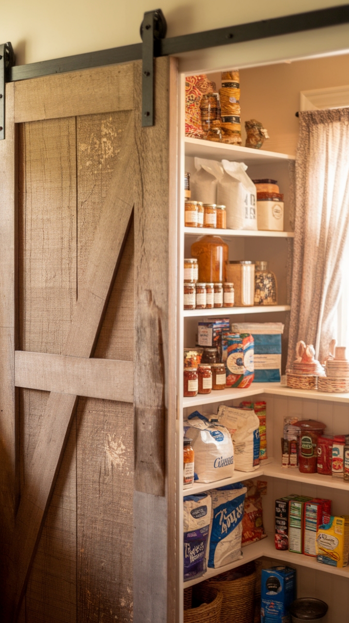 Charming Farmhouse Pantry with Textured Barn Door and Cozy Organization