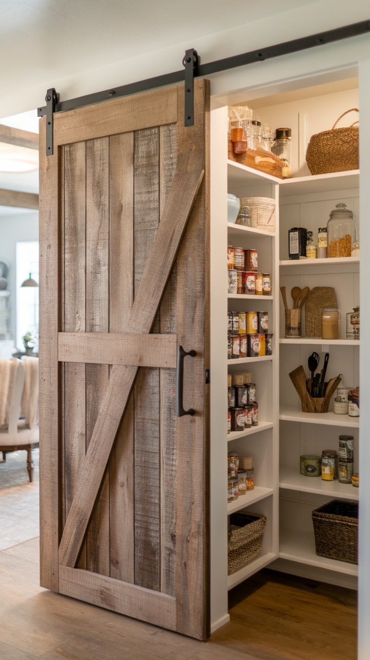 Vintage Charm: Rustic Barn Door Elevates Modern Farmhouse Pantry