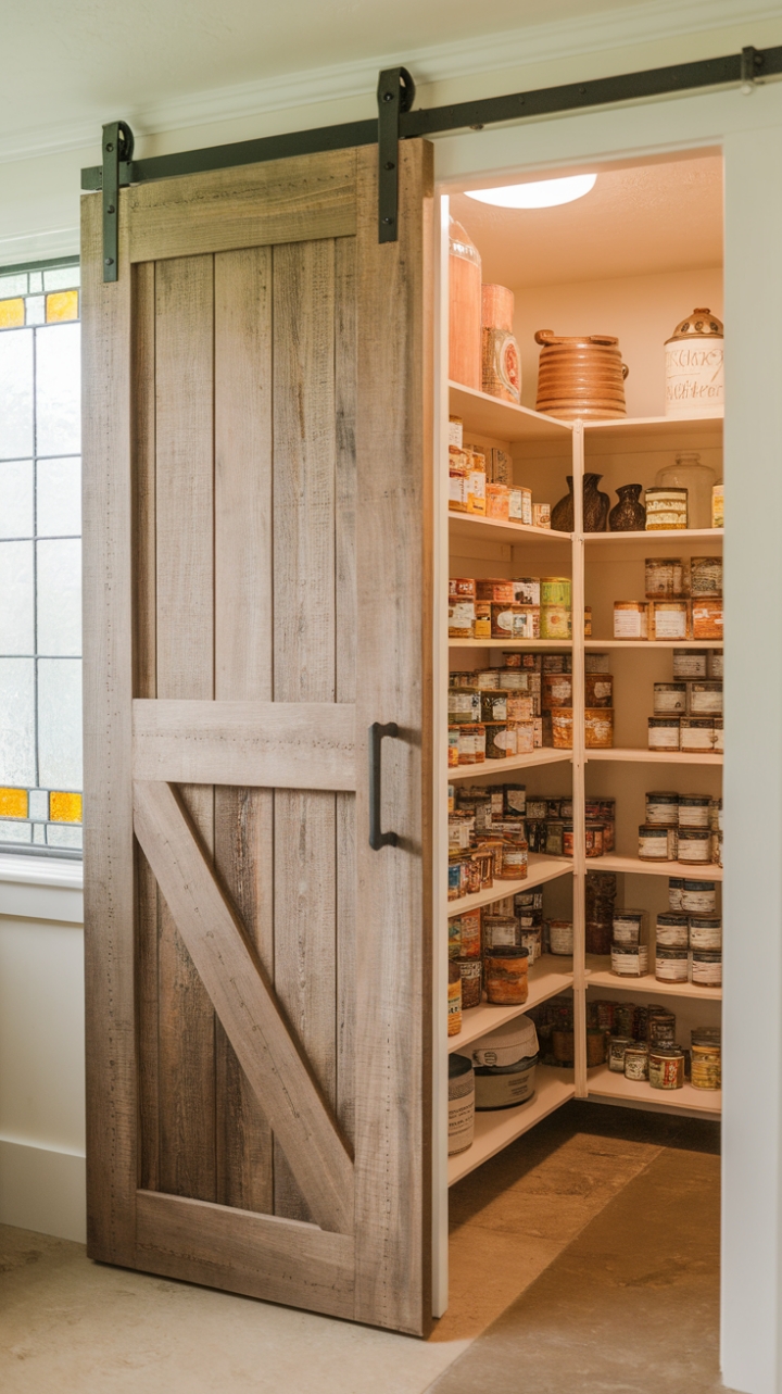Rustic Elegance: A Dreamy Farmhouse Pantry with Warm Lighting and Stained Glass