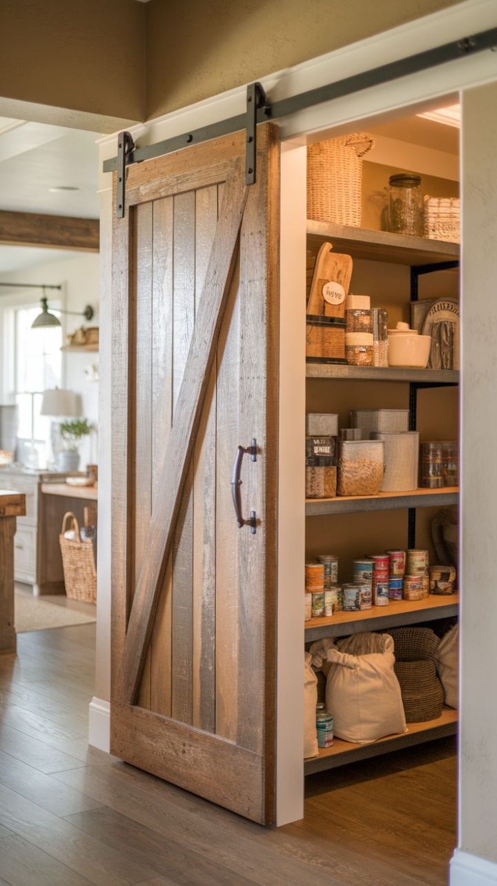 Vintage Charm: Rustic Barn Door Enhances Farmhouse Pantry