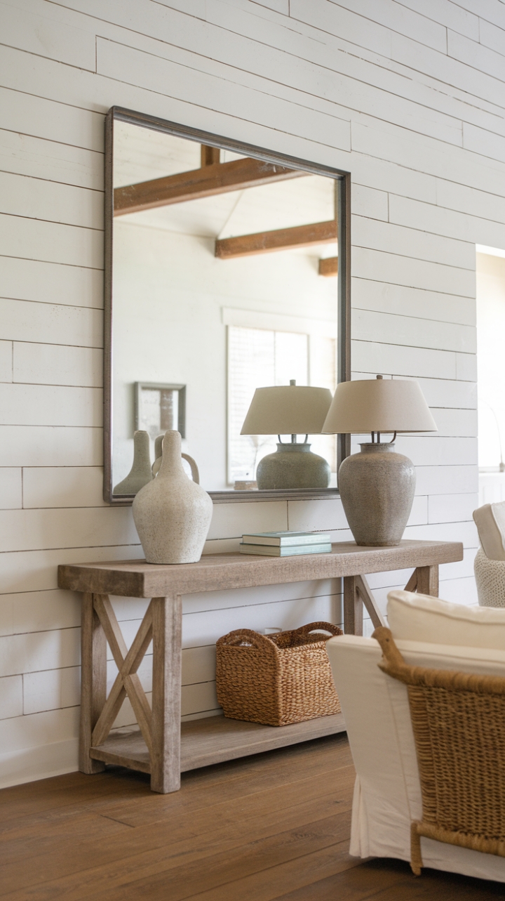 Rustic Elegance: Bright Living Room with White Shiplap and Natural Wood Accents