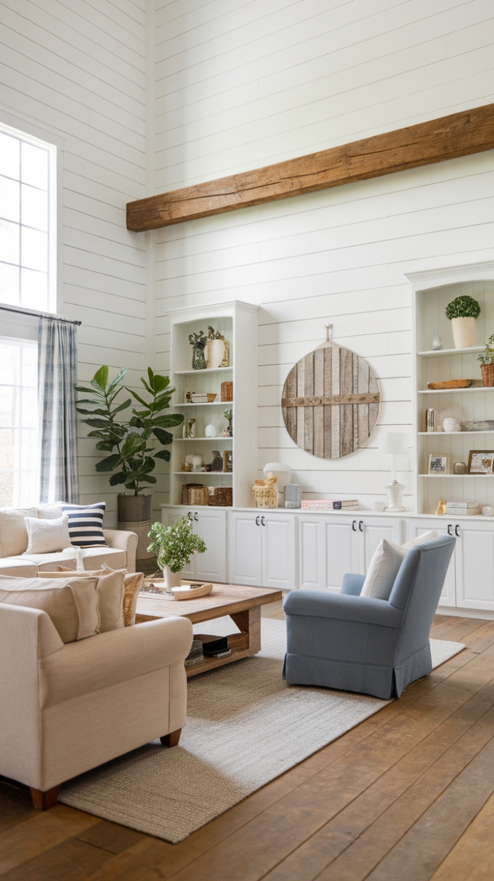 Cozy Living Room with Shiplap, Beams, and Greenery