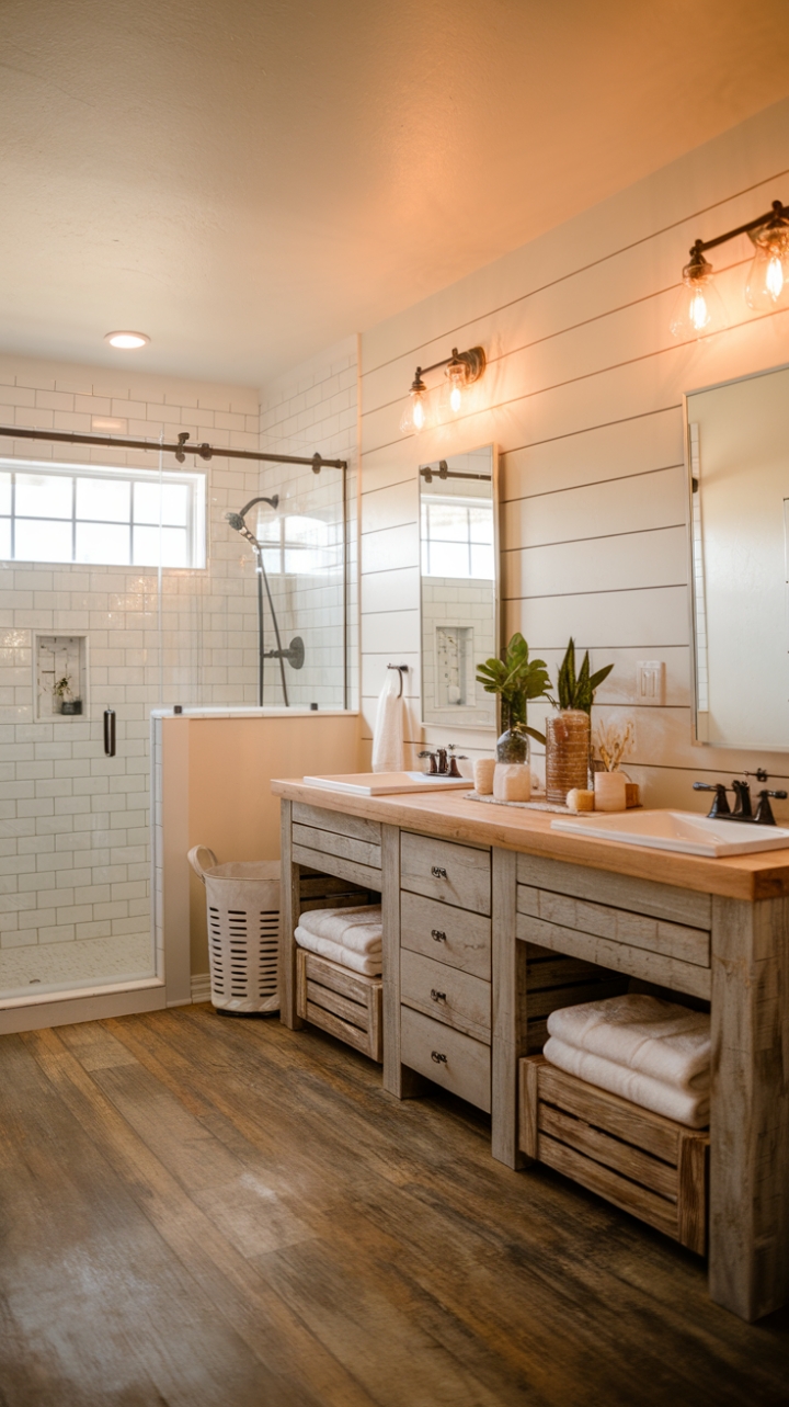 Inviting Farmhouse Retreat Featuring Double Vanity and Natural Elements