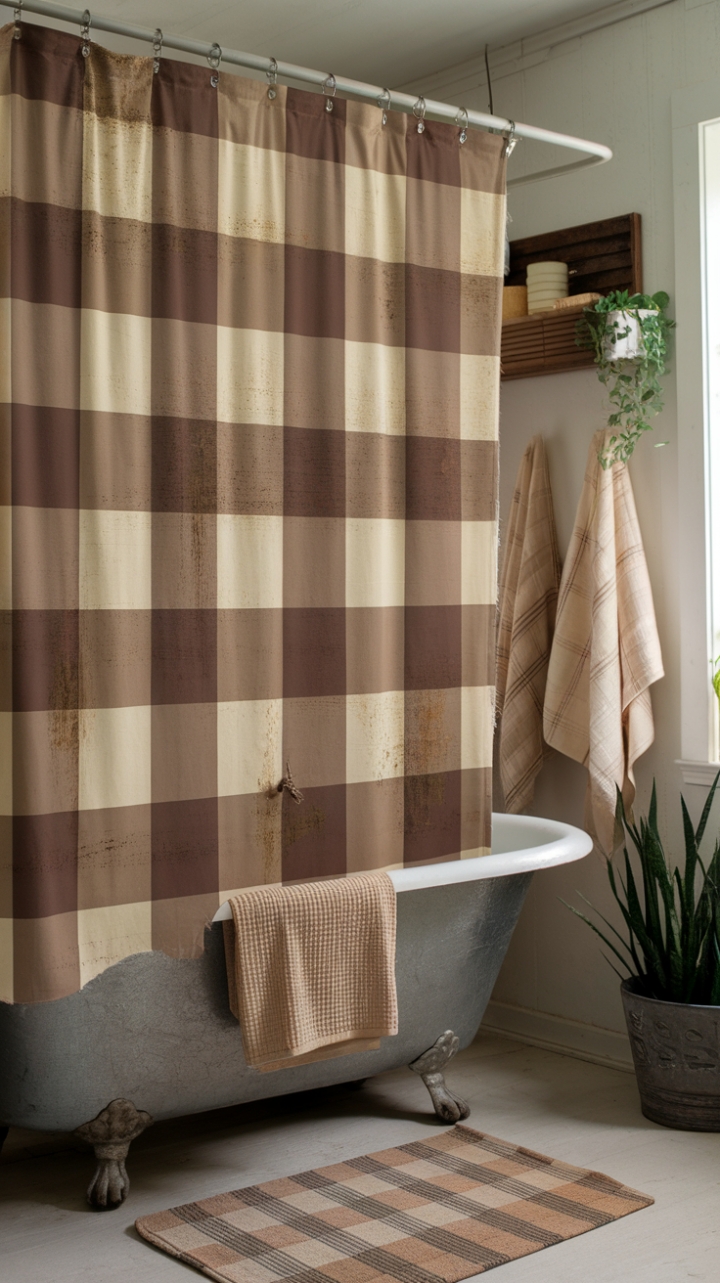 Vintage Farmhouse: Textured Shower Curtain with Potted Plants