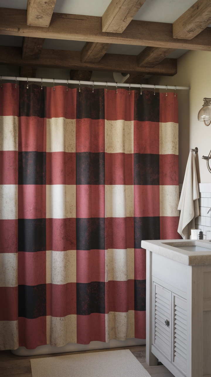 Rustic Elegance: Buffalo Check Shower Curtain for a Farmhouse Bathroom
