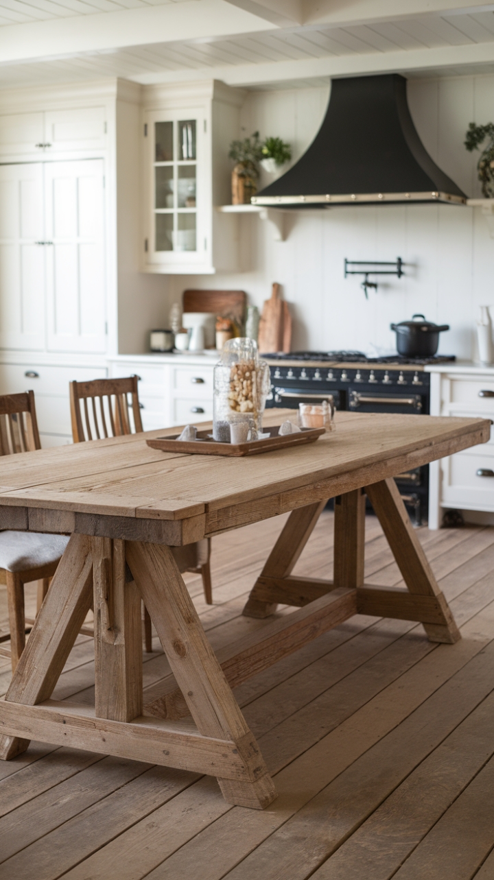 Rustic Reclaimed Wood Trestle Table Anchors Farmhouse Kitchen