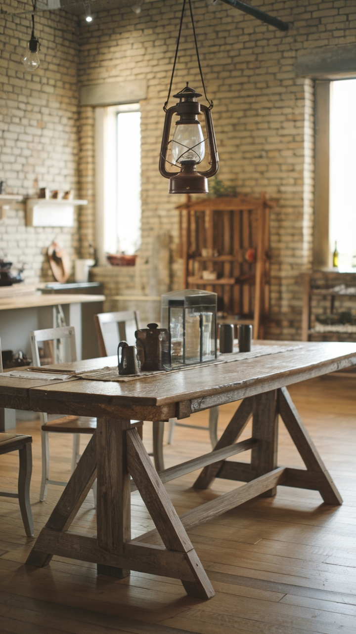 Rustic Charm: A Cozy Farmhouse Kitchen Centered Around Reclaimed Wood Trestle Table