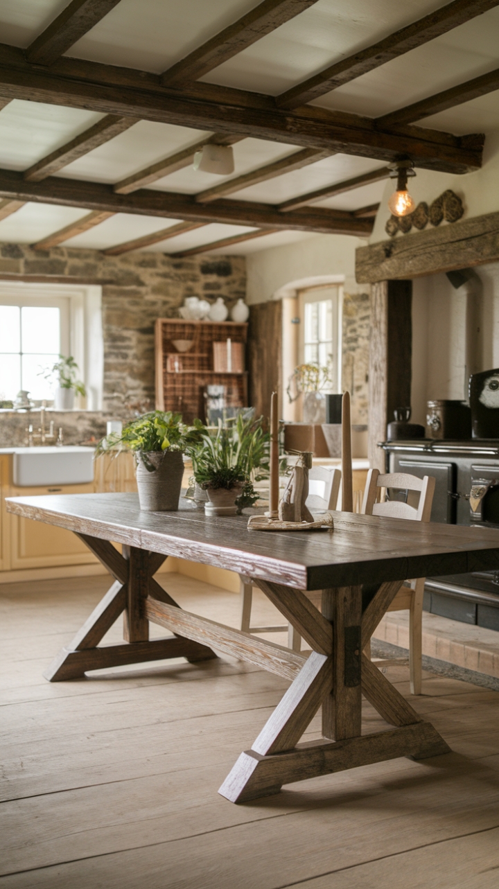 Rustic Elegance: A Reclaimed Wood Table Complements a Cozy Farmhouse Kitchen