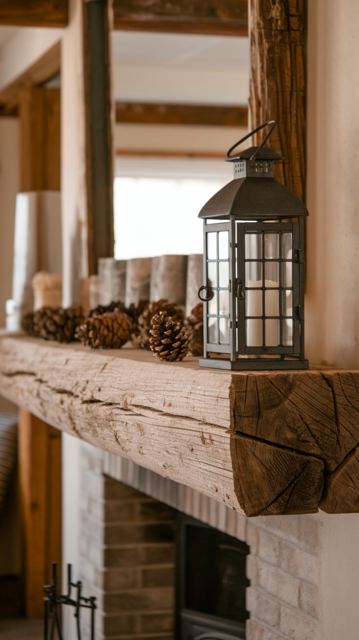 Rustic Charm: Wood Beam Mantle with Lantern and Pinecones