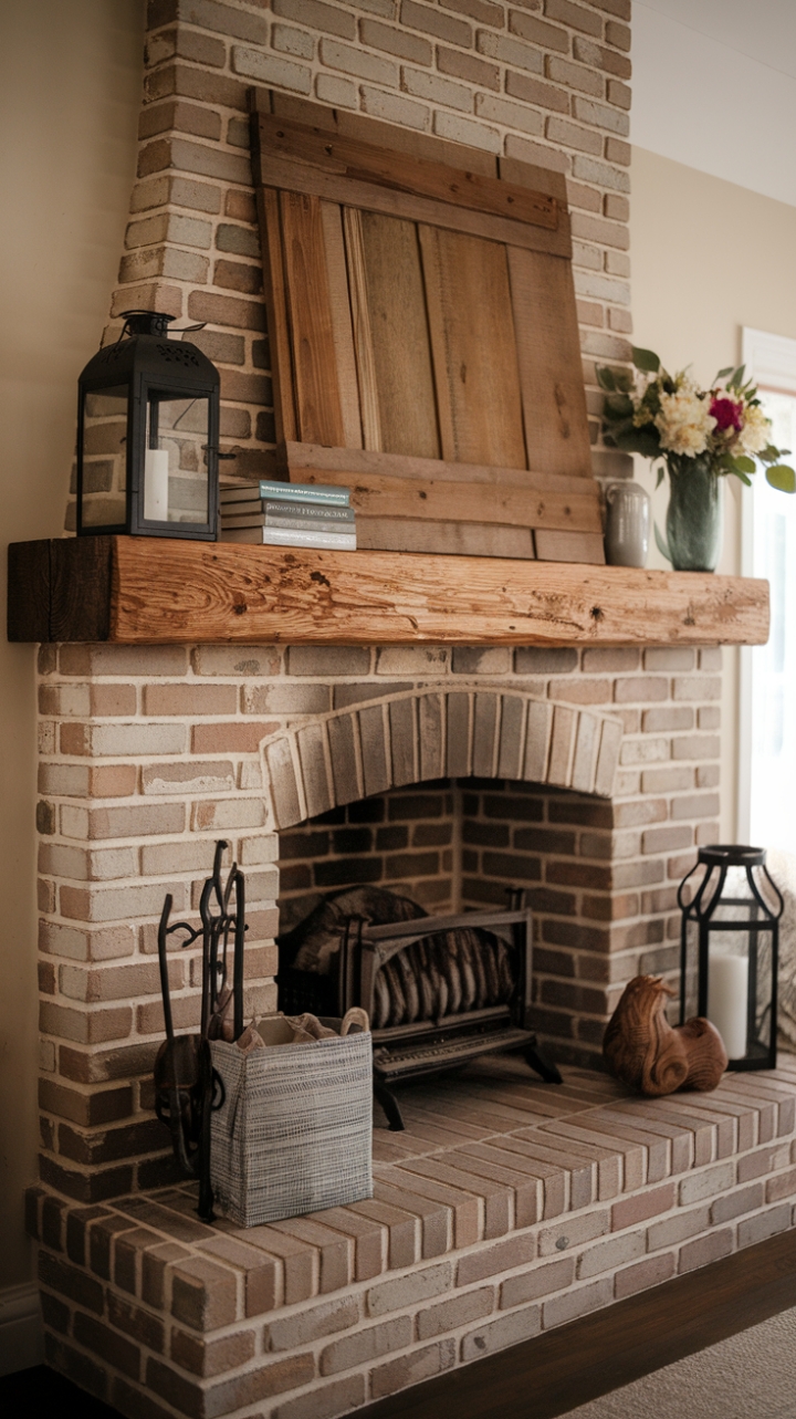 Cozy Country Fireplace with Barnwood Mantle and Decor