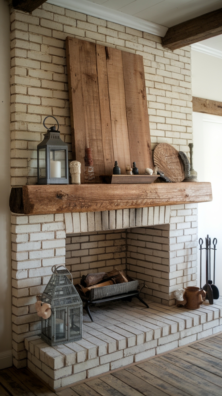 Rustic Wood Beam Mantle Enhances Farmhouse Charm