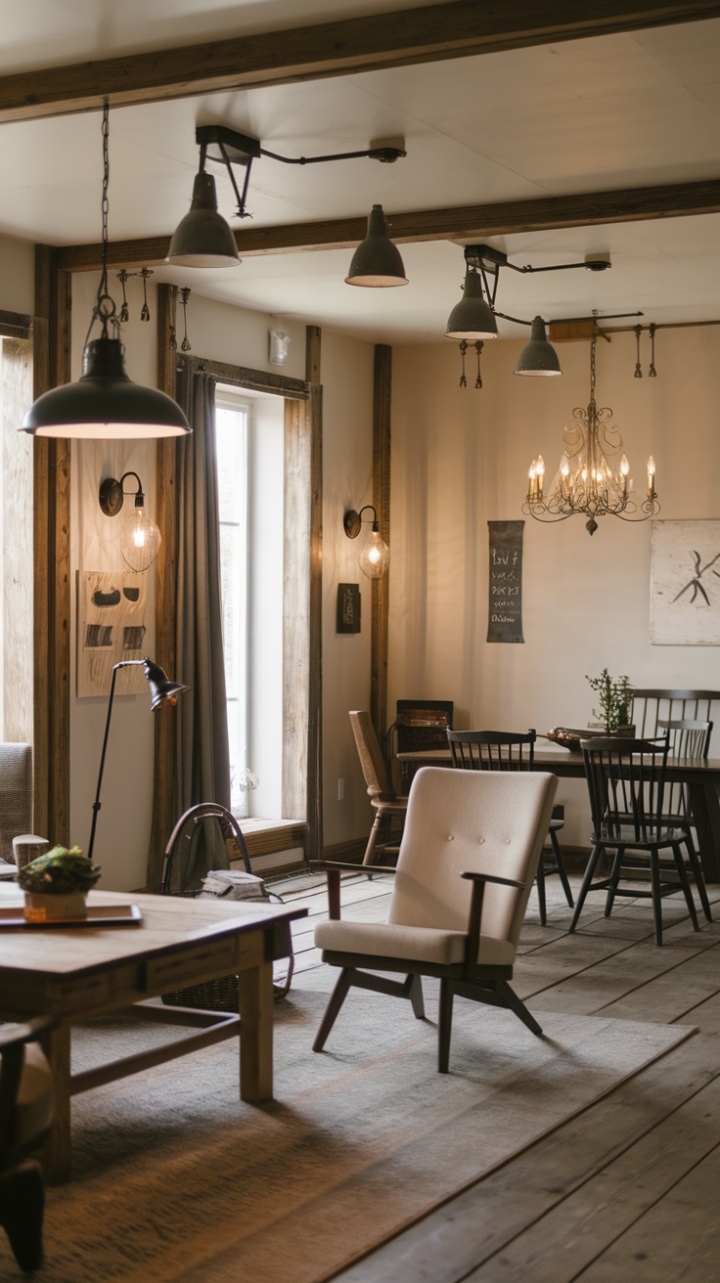 Layered Vintage Lighting Enhances Rustic Living Space