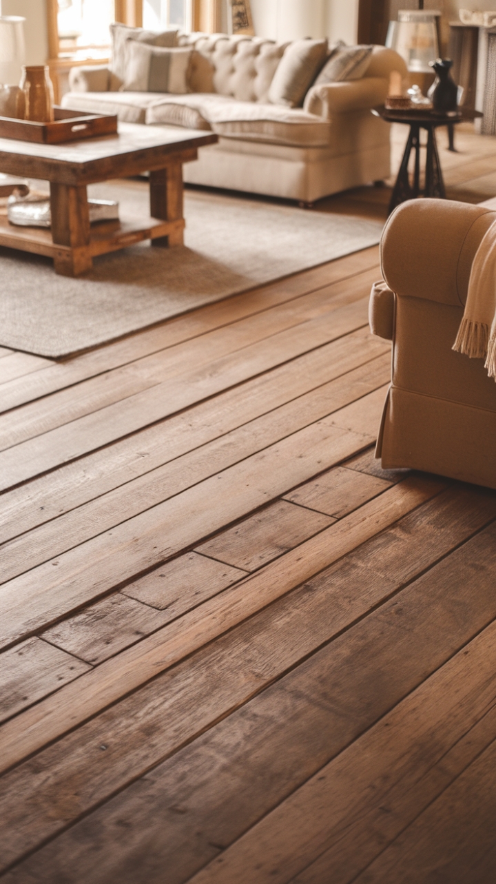 Authentic Warmth: Distressed Wood and Cozy Furnishings in a Rustic Living Room