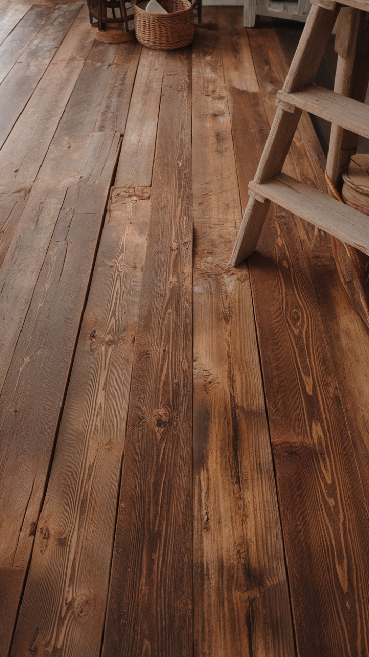 Rustic Elegance: Distressed Wood Flooring with Farmhouse Accents