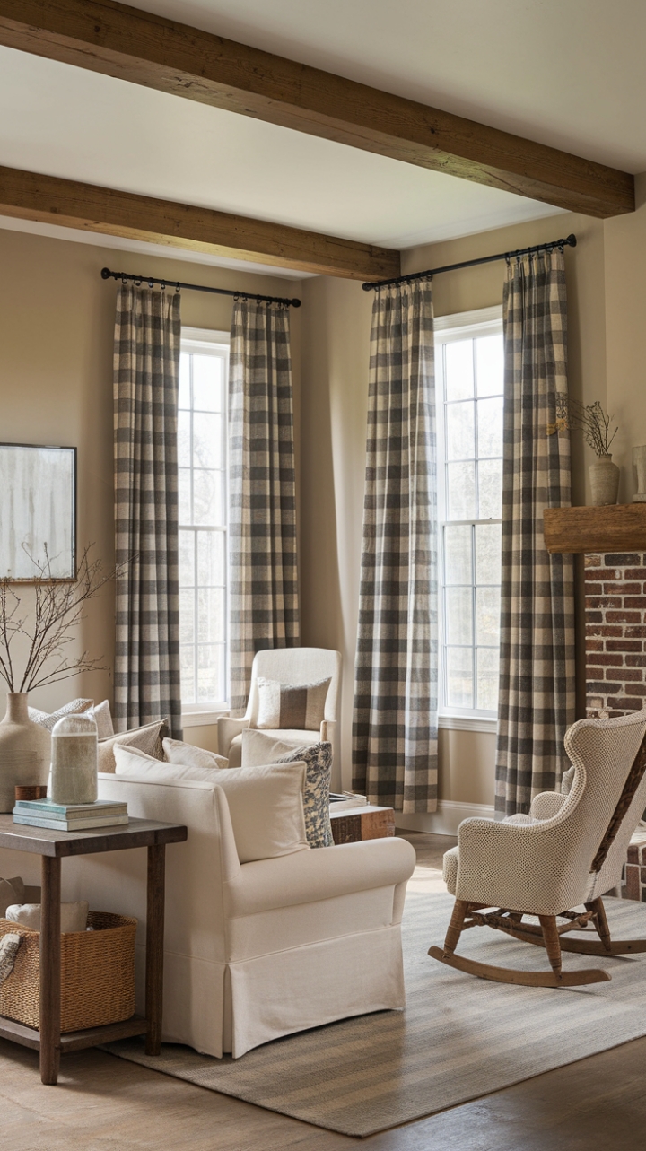Rustic Charm: A Cozy Living Room with Exposed Beams and Buffalo Check Curtains
