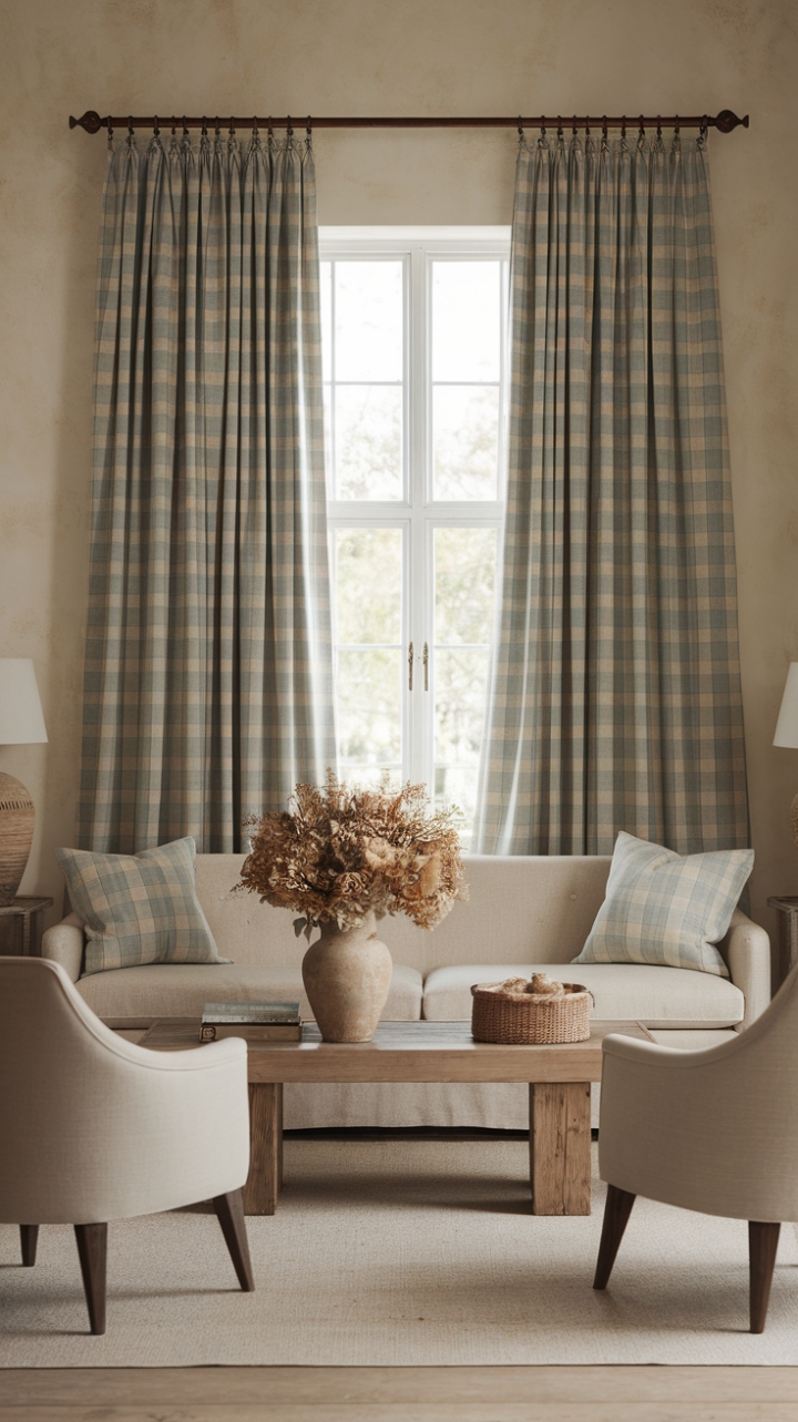 Serene Rustic Living Room with Natural Wood and Linen Accents