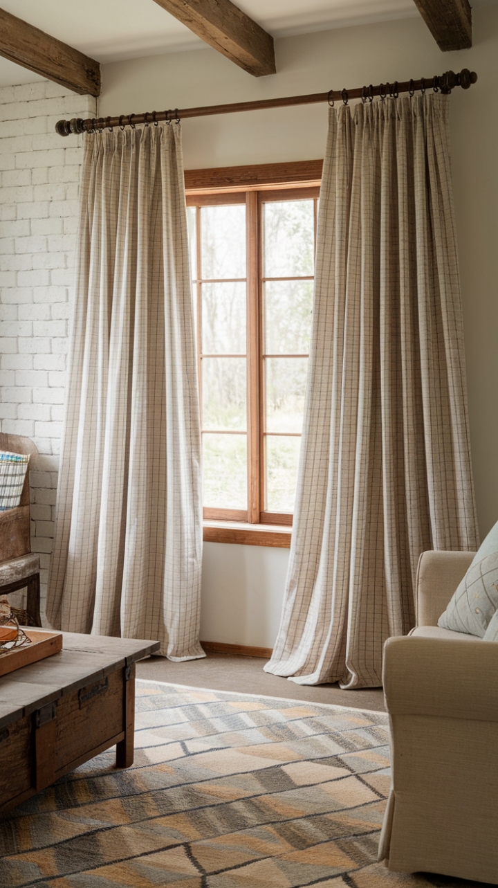 Rustic Elegance: Soft Linen Drapes Framing a Farmhouse Living Room