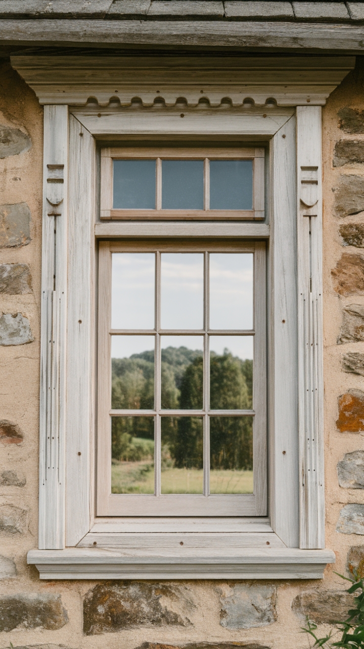 Elegant Fusion: Stone Wall and Weathered White Trim
