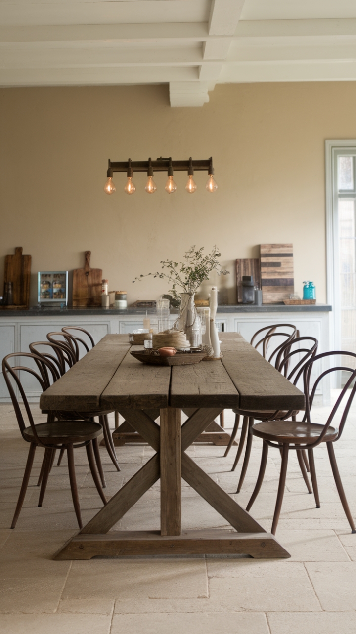 Timeless Charm: A Rustic Farmhouse Kitchen Centered Around a Reclaimed Trestle Table