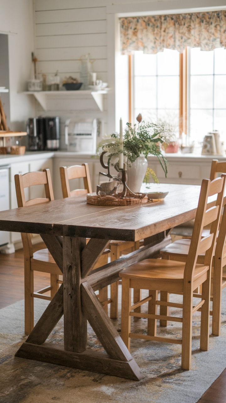 Warm Wood Trestle Table Sets the Tone for a Welcoming Farmhouse Kitchen