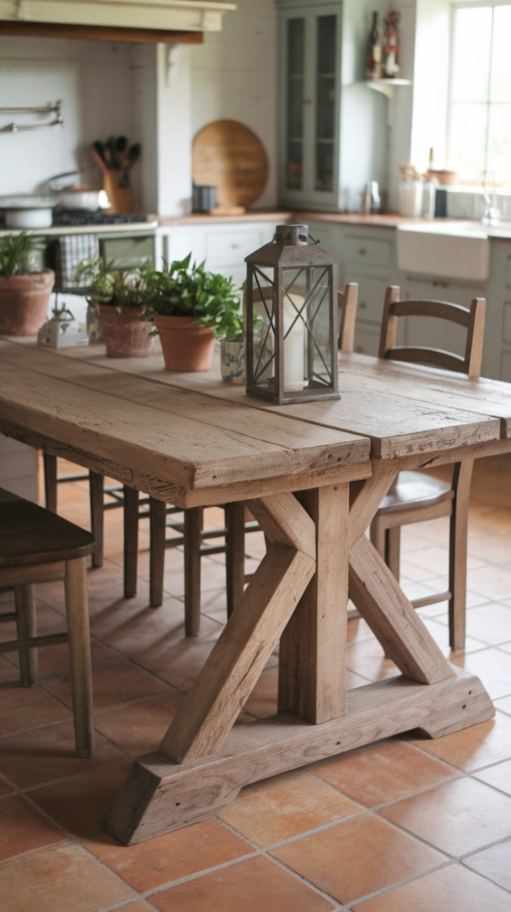 Rustic Reclaimed Wood Dining Table Enhances Farmhouse Kitchen Charm