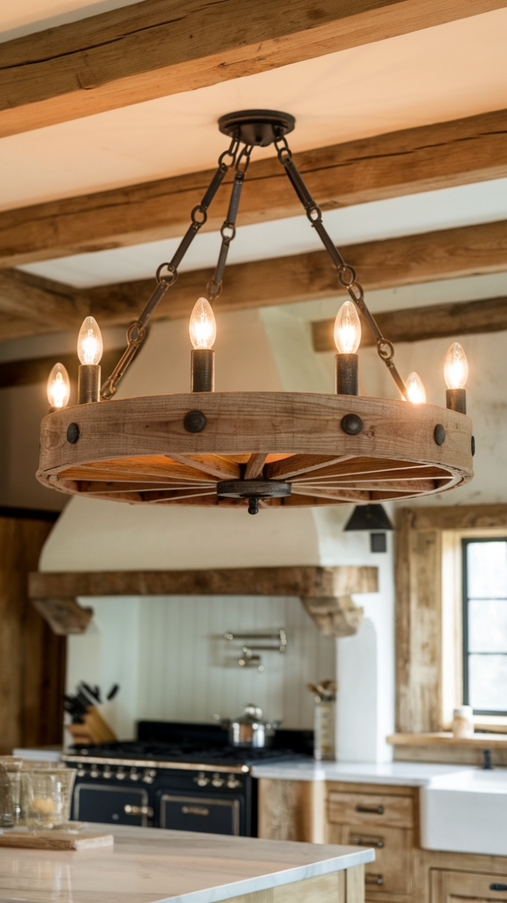 Rustic Elegance: Wagon Wheel Chandelier Anchors Farmhouse Kitchen