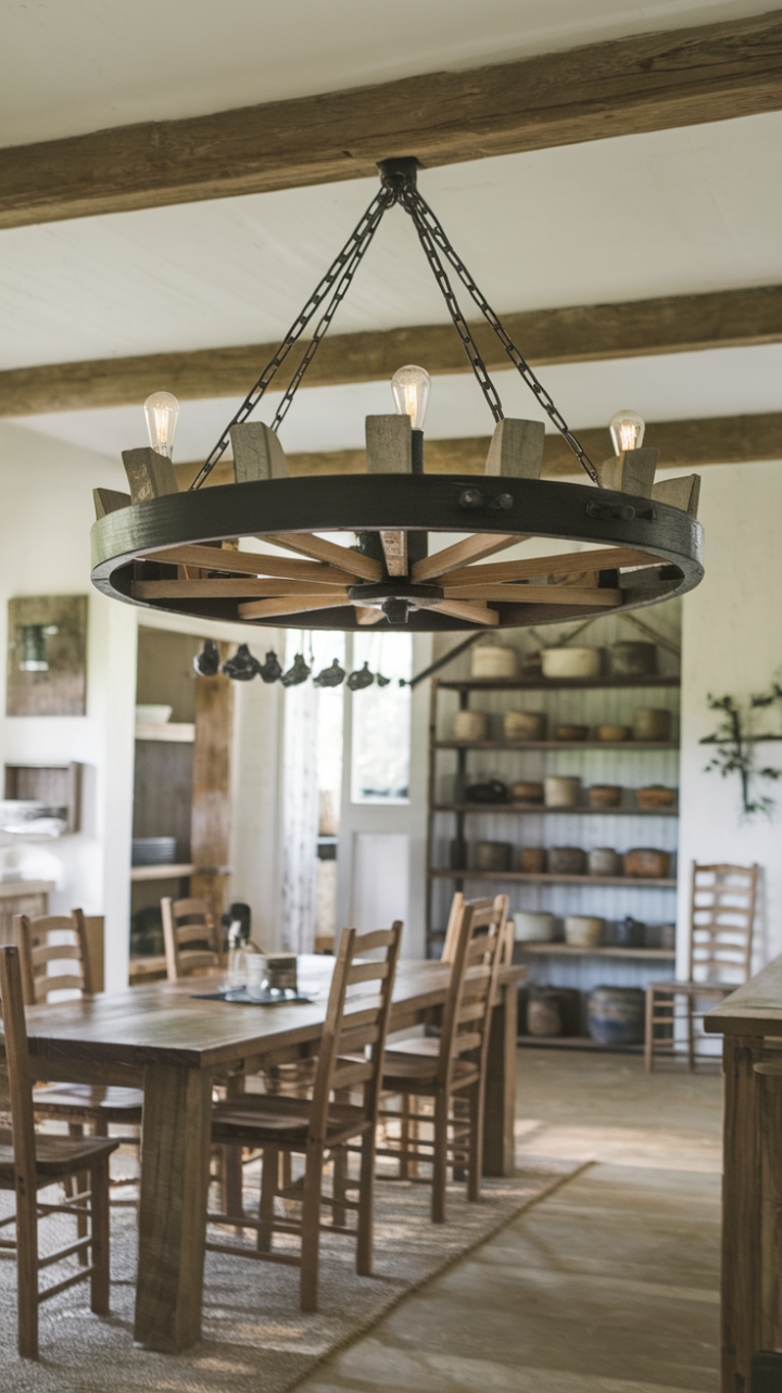 Rustic Charm: Wagon Wheel Chandelier Enhances Cozy Farmhouse Dining Space
