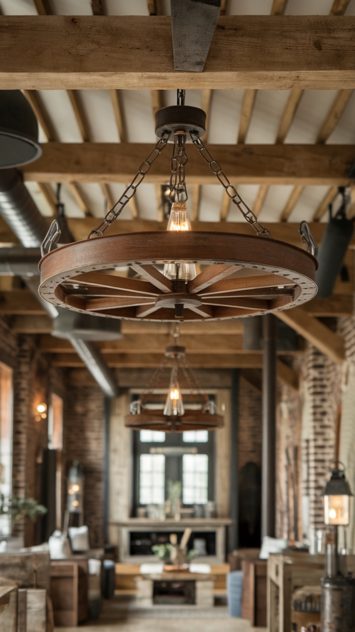 Rustic Wagon Wheel Chandelier Enhances Farmhouse Charm