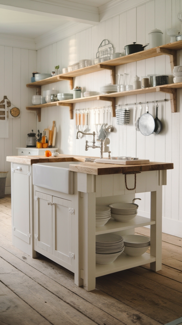 Cozy Farmhouse Kitchen Featuring Warm Wooden Floors and Open Shelving