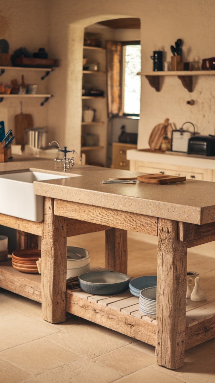Inviting Rustic Kitchen Featuring a Spacious Wooden Work Table