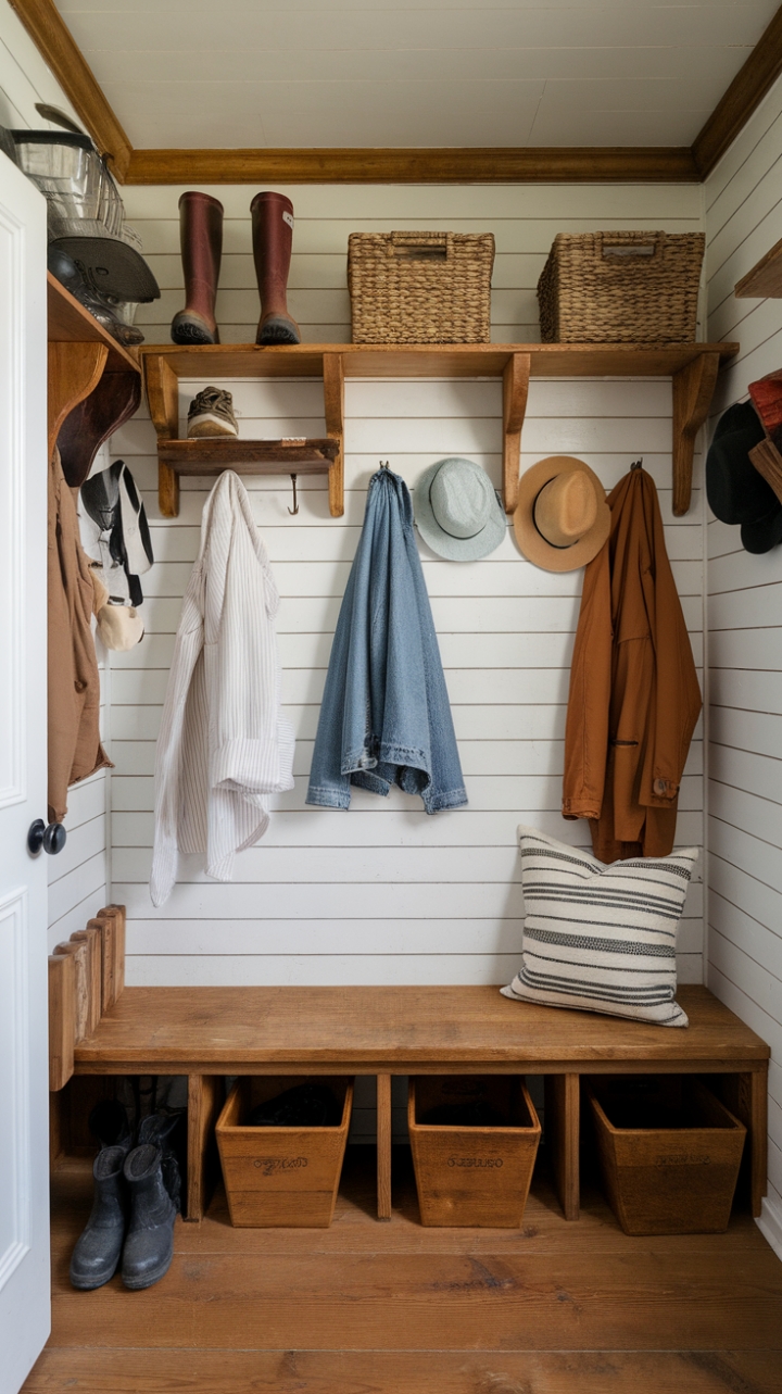Practical Farmhouse-Inspired Mudroom with Warm Shiplap Details