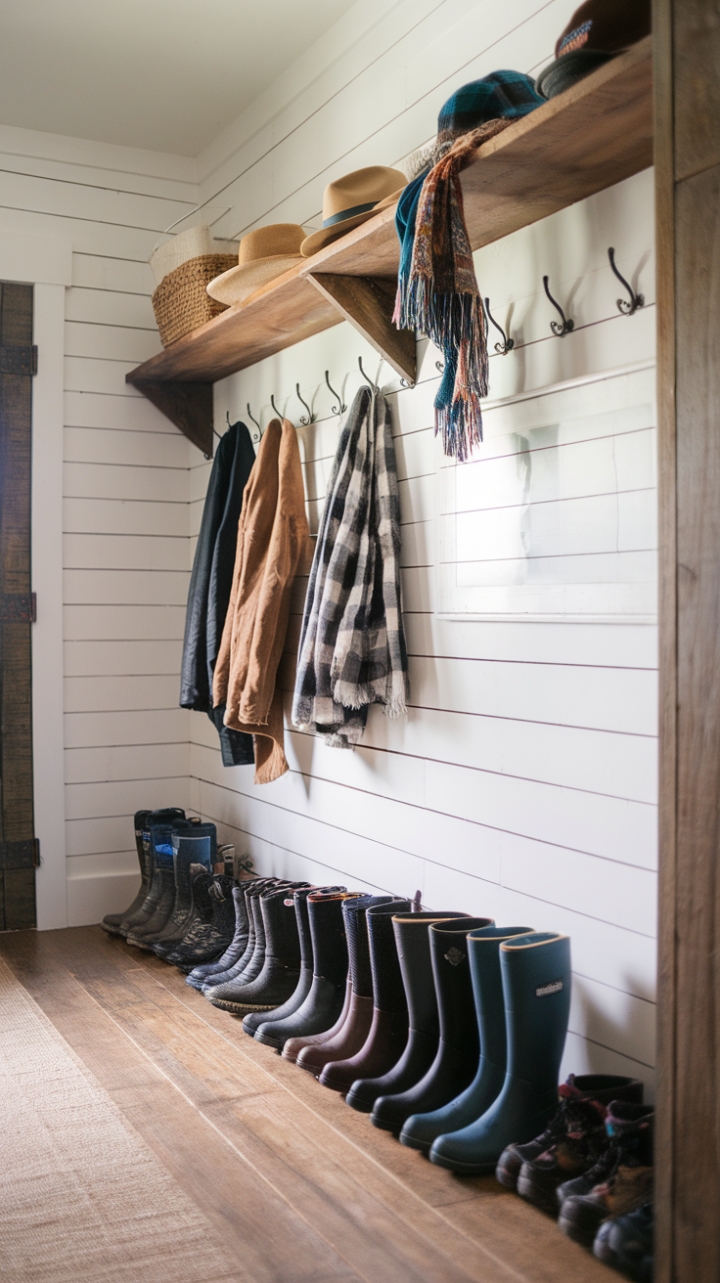 Practical Country Style Mudroom with Shiplap Accent