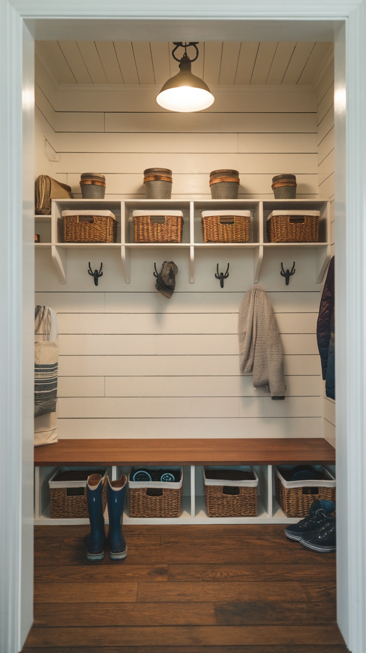 Charming Farmhouse Mudroom with Shiplap and Wooden Bench