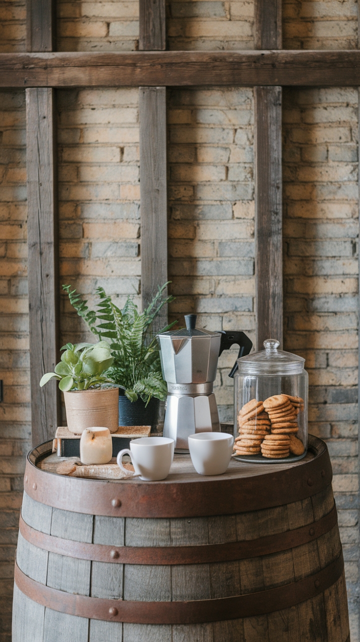 Charming Barrel Table Coffee Station