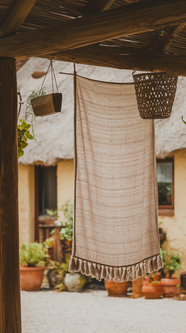 Rustic Charm: Elegant White Curtain Frames a Cozy Cottage Scene