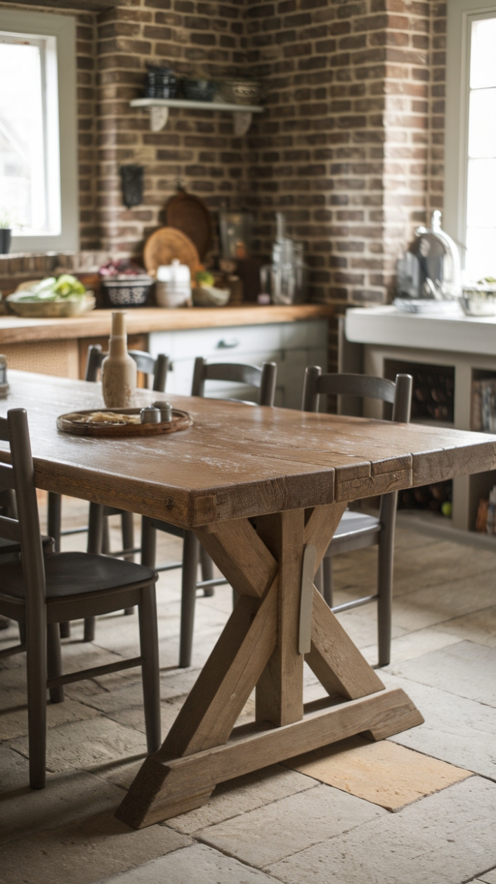 Timeless Warmth: Distressed Wood Trestle Table Complements Exposed Brick