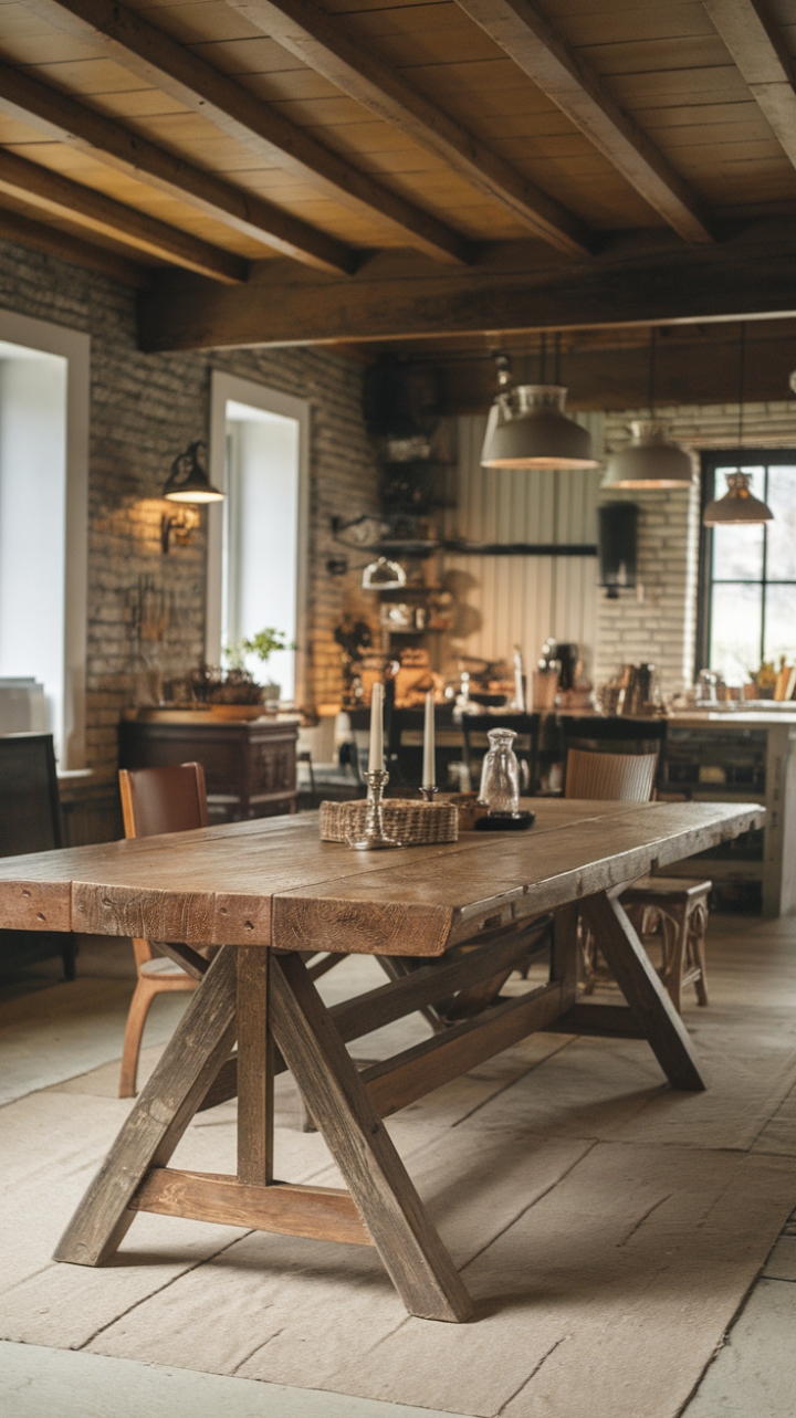 Charming Trestle Table Complements Exposed Brick and Wooden Ceilings